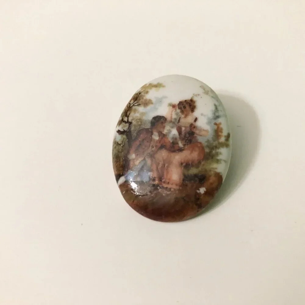 Vintage Painted Porcelain Courting Couple Oval Pin Brooch